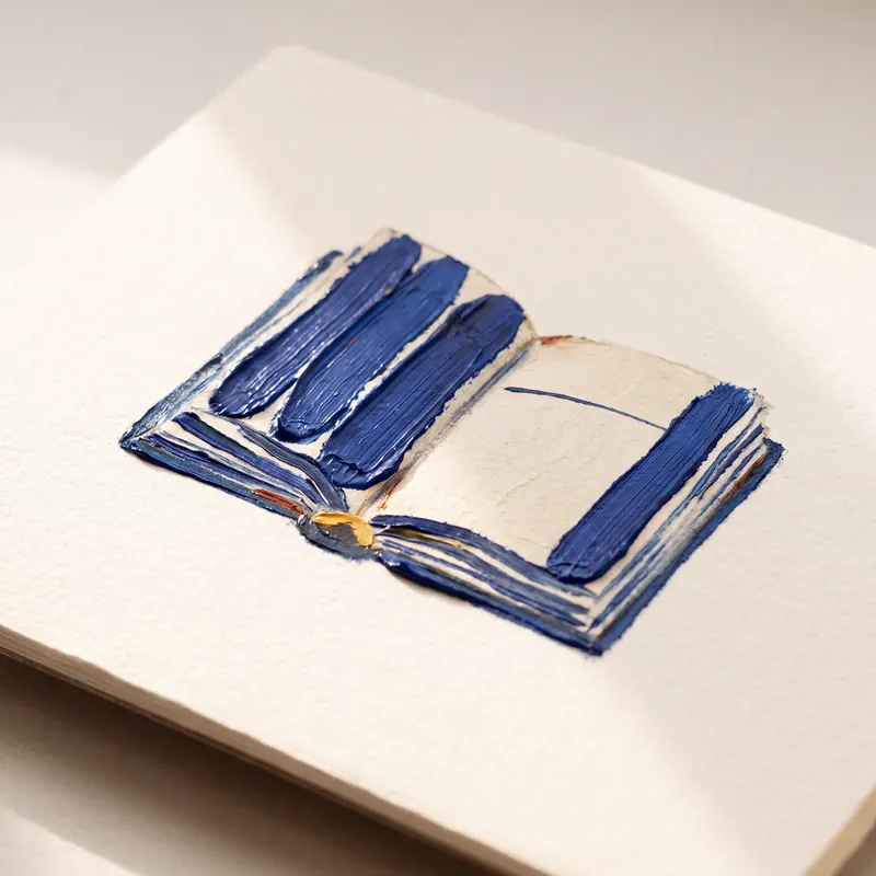 A textured impasto painting of an open book with thick blue brushstrokes on a white background, viewed from a three-quarter angle.